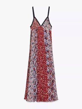 Zara Red Floral Pleated Maxi Dress with Black Trim